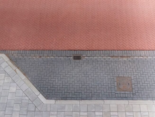 Overhead shot showing diverse paving patterns in vibrant colors.